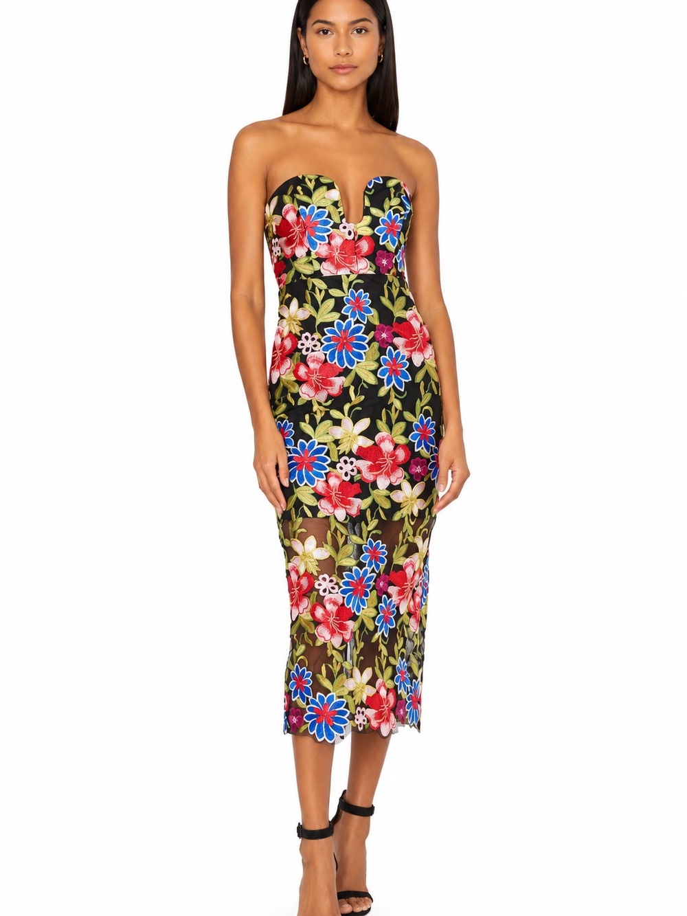 Milly Black Strapless Floral Lace Midi Dress with Red & Blue Blooms